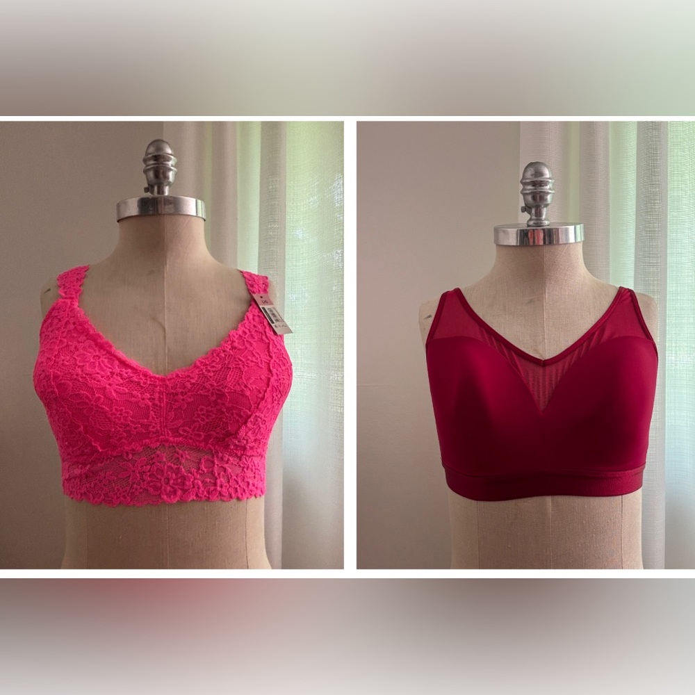 Bra set, Large. Bright Pink Lace and Dark Red Satin-Look/Sheer. NWT